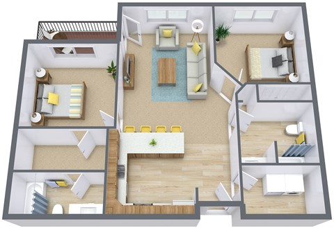 Floor plan for 2 beds, 2 baths, 1037 sqft